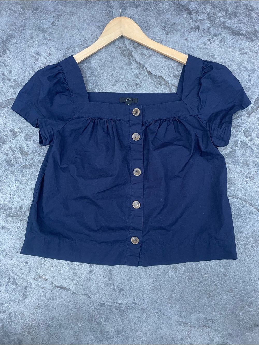 J. Crew Navy Square-Neck Button Puff Sleeve Blouse - Picture 2 of 7